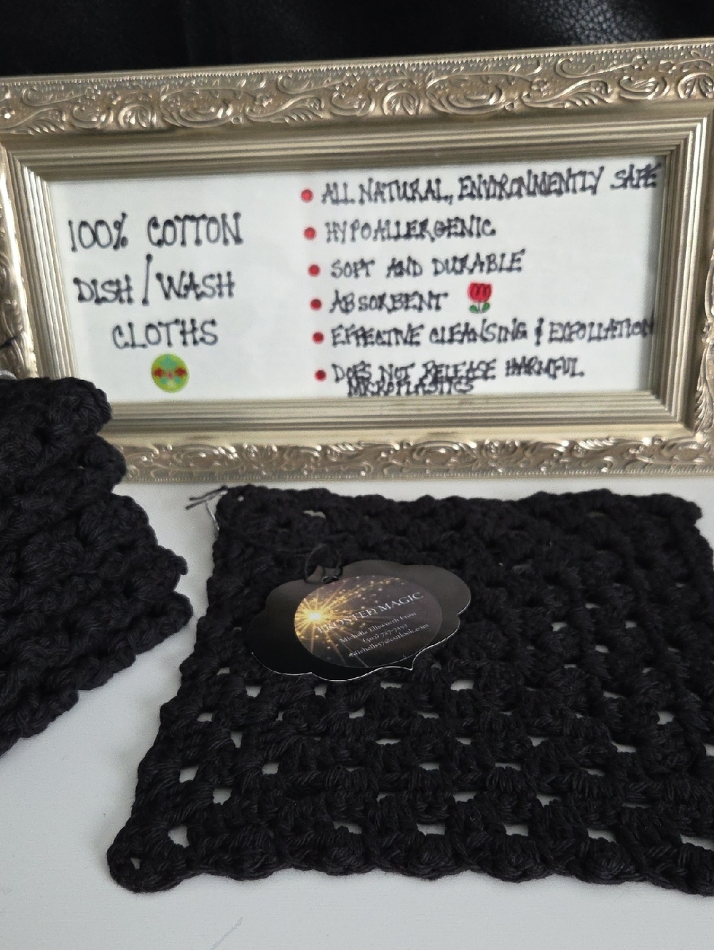 Handmade Crocheted Black 100% Cotton Dish/Wash Cloths Set Of 4